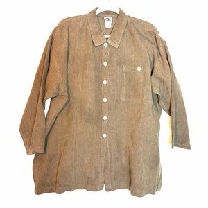 CTC Linens Vintage 100% Linen Brown Button Front Blouse Abalone Shell Buttons XL